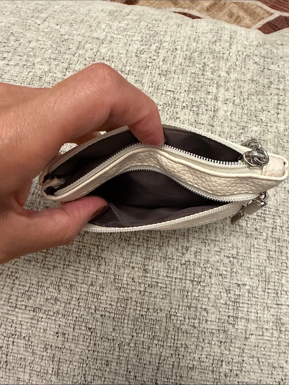 Cream Faux Leather Zip Pouch Keychain Wallet